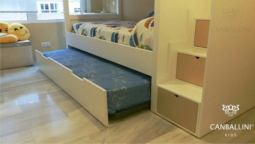 cama nido de litera infantil y juvenil blanca con 3 camas y escalones ...