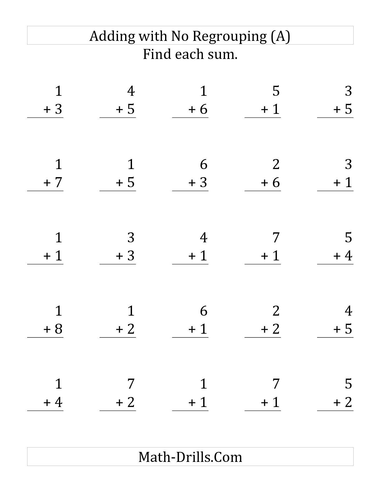 25 Single-Digit Addition Questions with No Regrouping