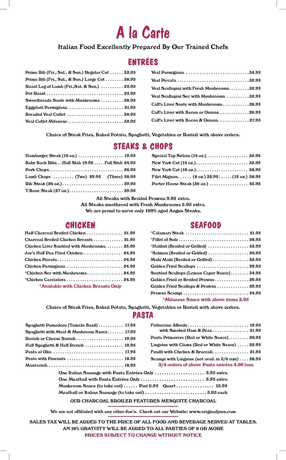 Original Joe S A La Carte Menu Menu Restaurant Menu Design Menu