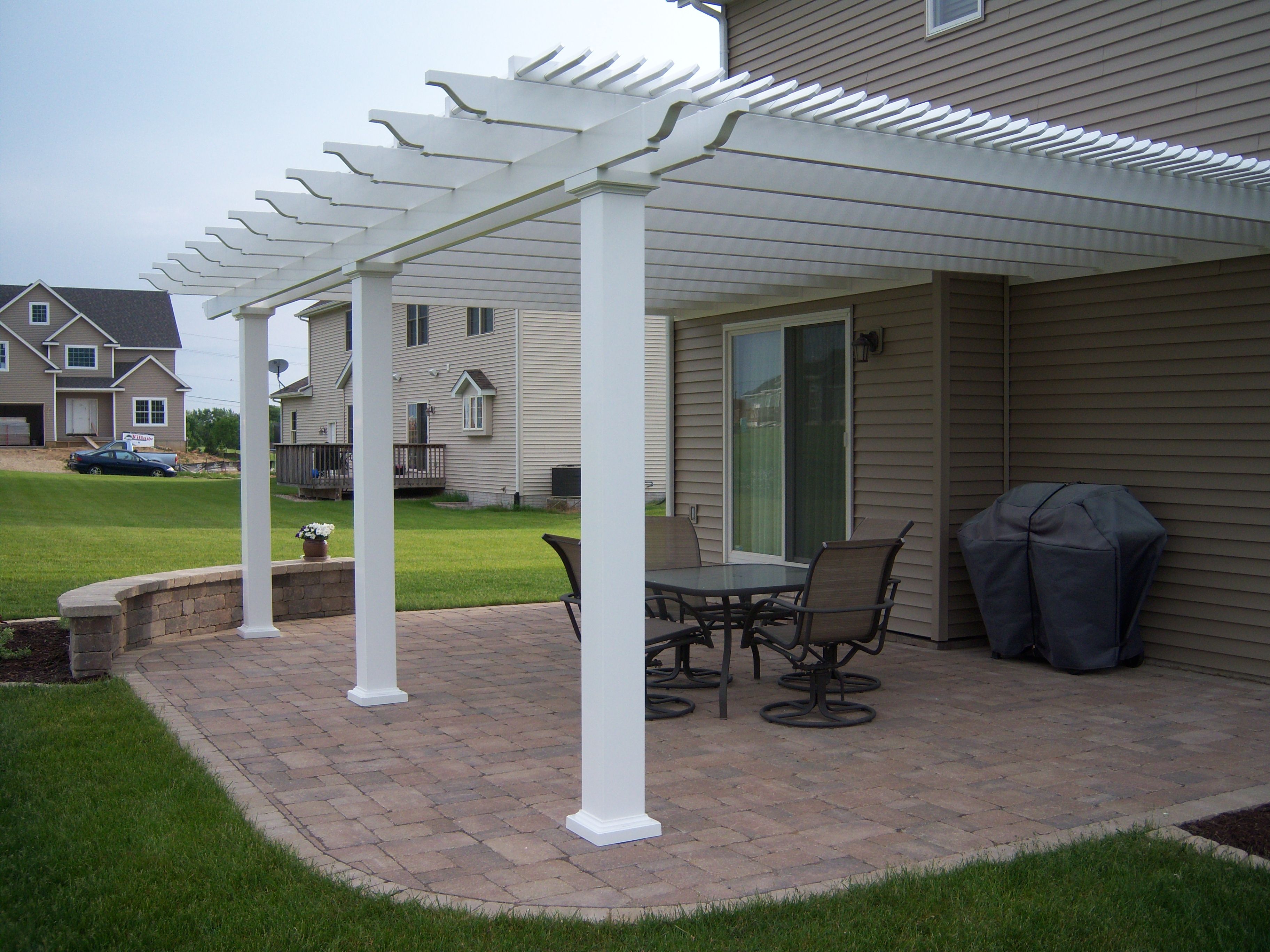 DIY Attached Vinyl Pergola Kit with 7in square columns. Visit our