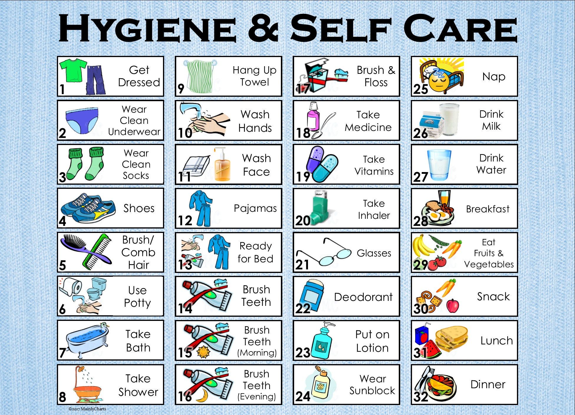 32 Illustrated Chores. Set 1: Hygiene And Self Care, A4 & Letter Size 