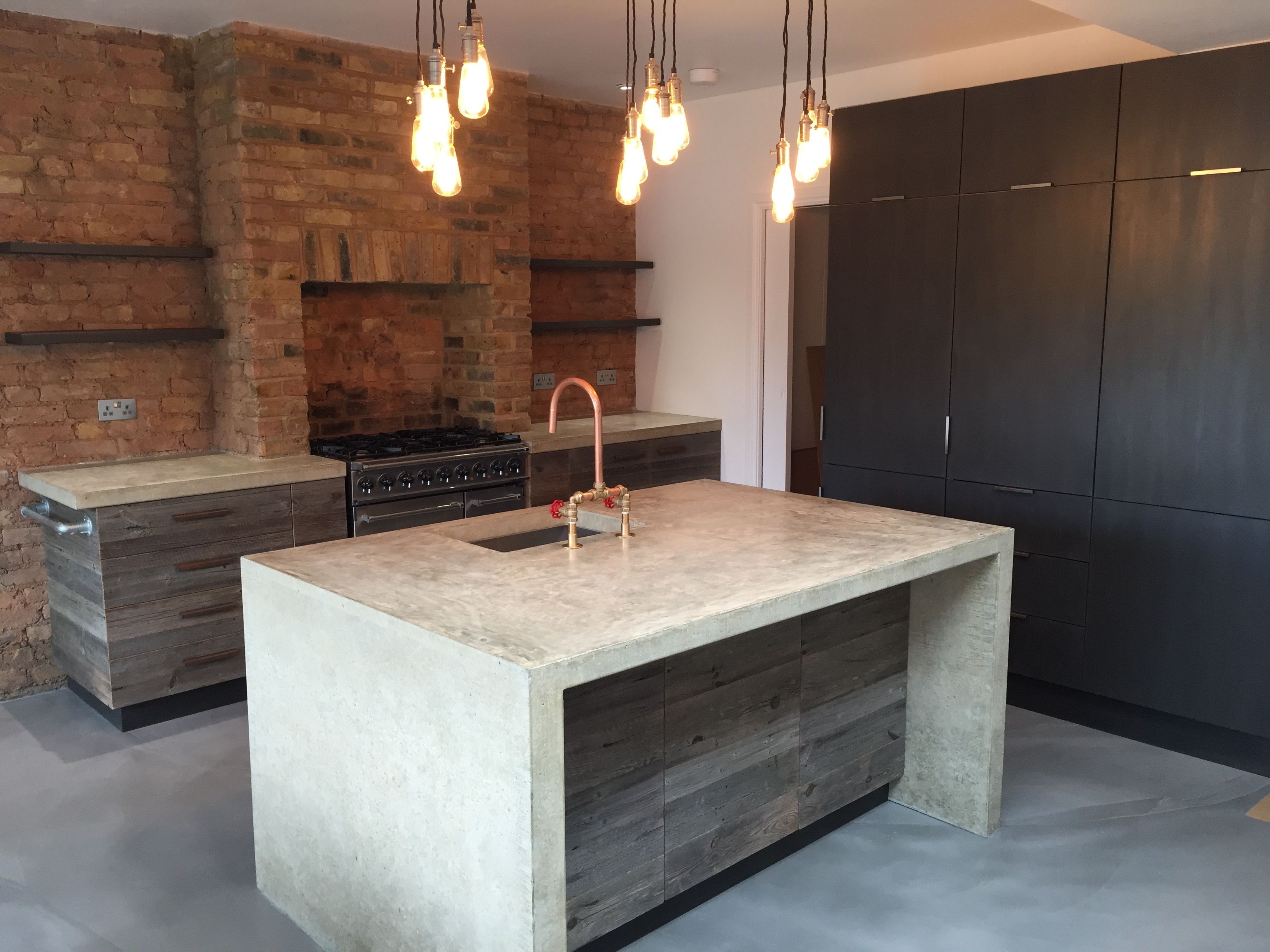 London kitchen project with cast insitu polished concrete island, reclaimed timber