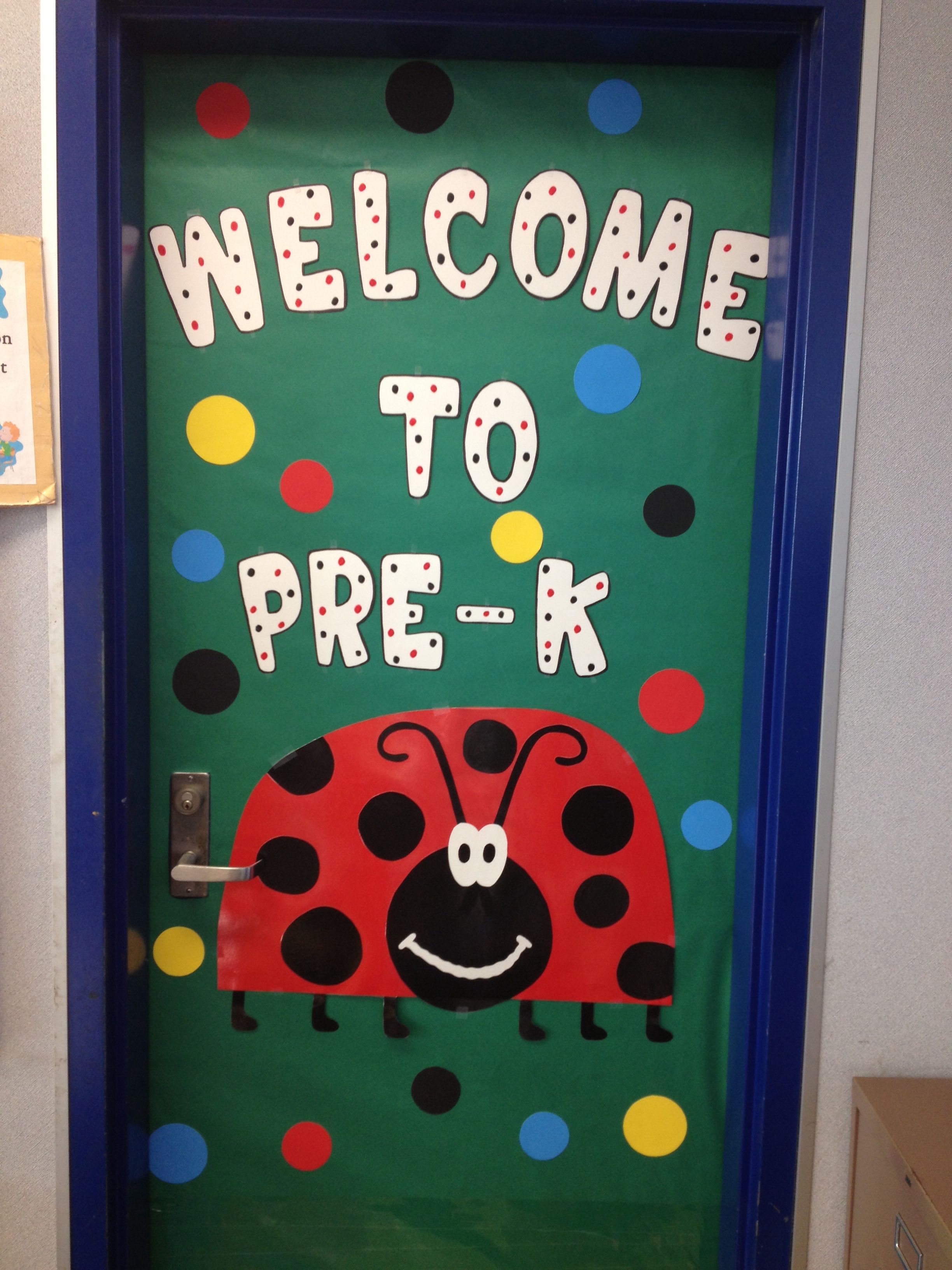 a door decorated with the words welcome to prek and a ladybug painted on it