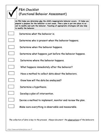 FBA Checklist ( Functional Behavior Analysis) Behavior Intervention ...