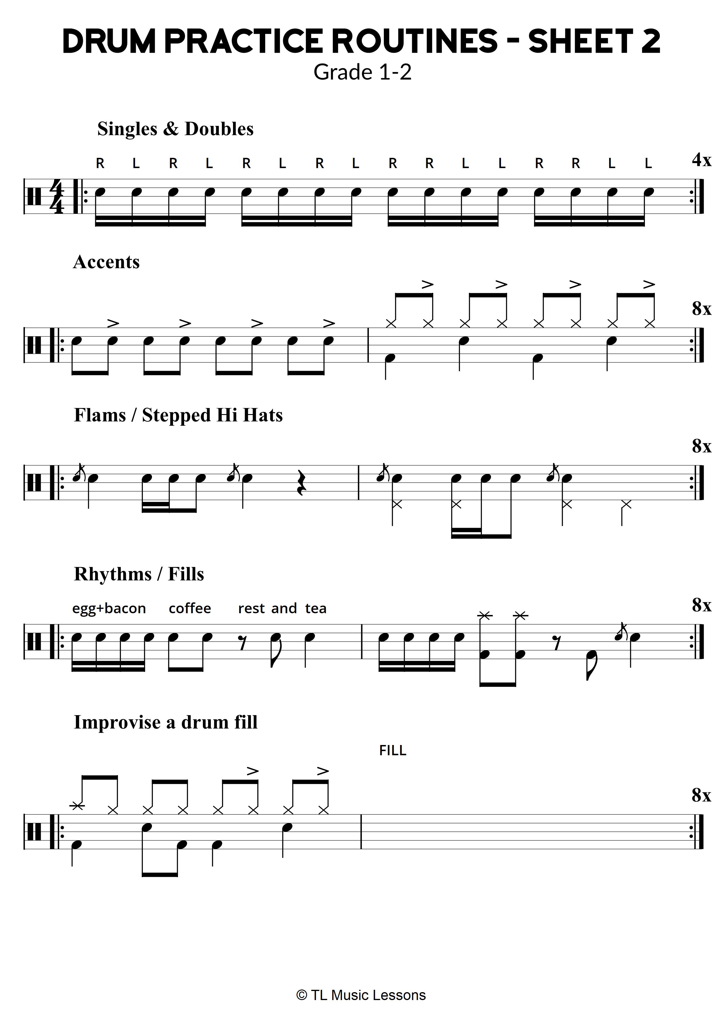 Drum Practice Routines – Sheet 2 – Grade 1-2 | Drums, Learn drums, Drum ...