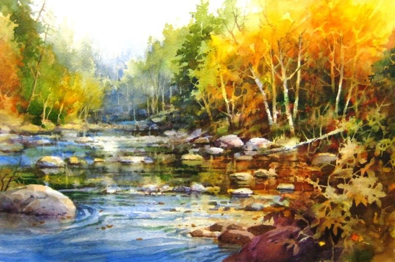 Peaceful River , Watercolor Painting of Stream and Autumn Leaves in New ...