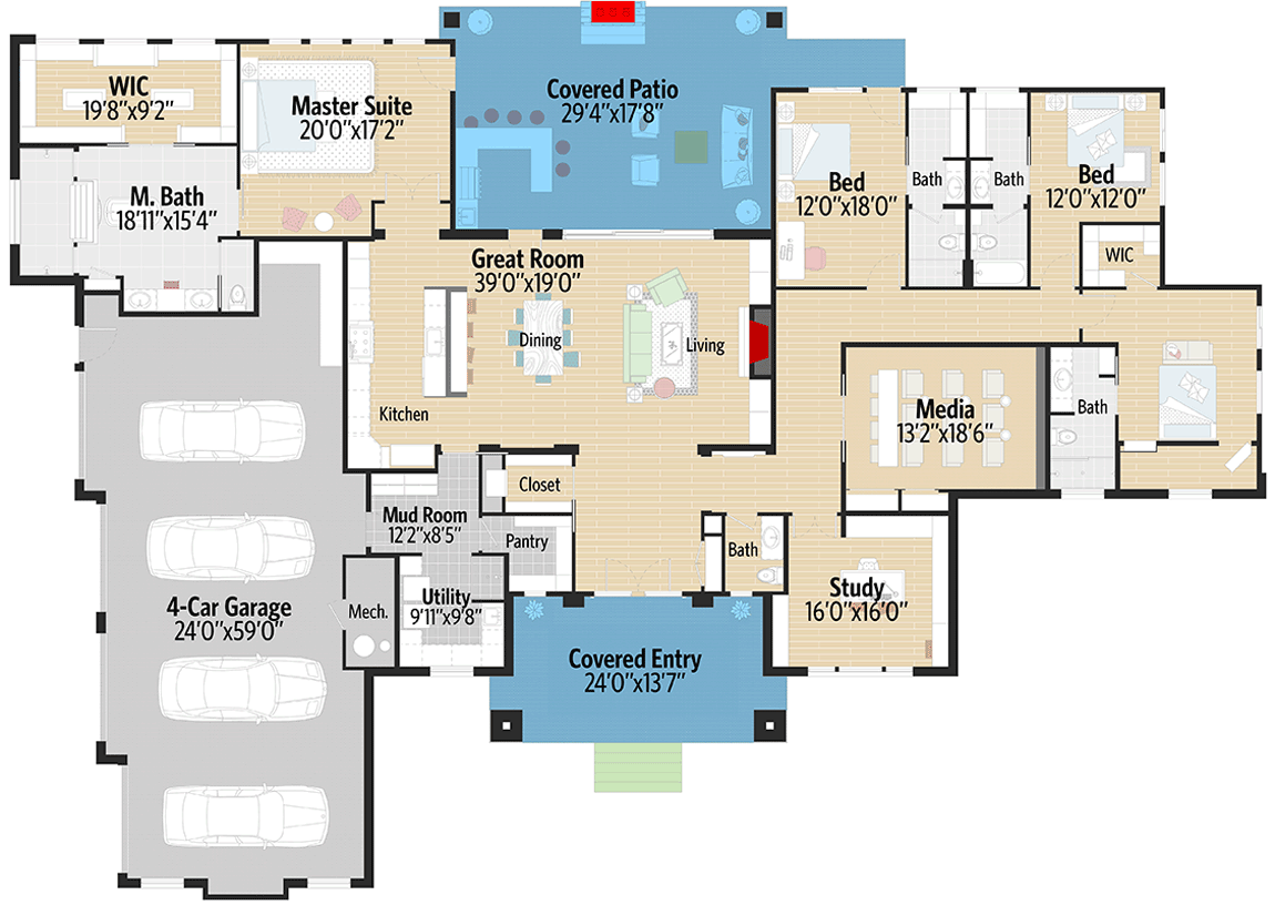 Plan 430057LY Contemporary Ranch Plan with 4Car Garage Garage house plans, Floor plans ranch