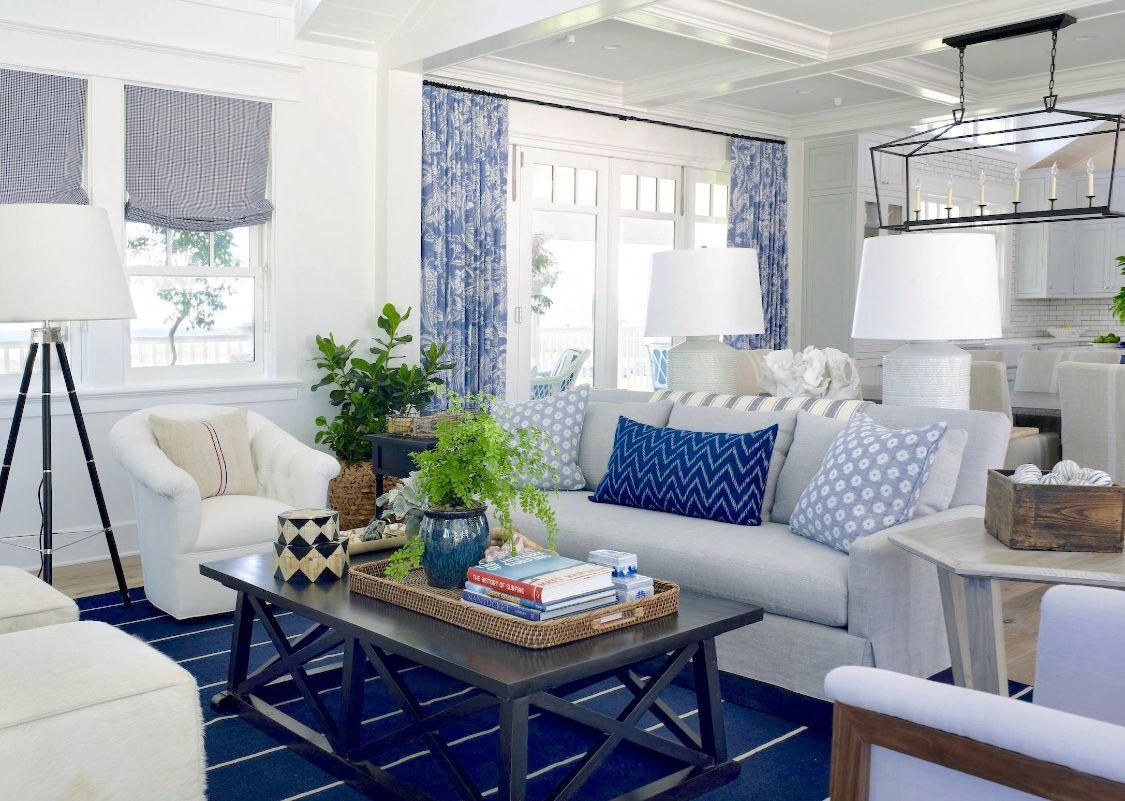 Beach house, slipcovered sofa, white and blue living room decor # ...