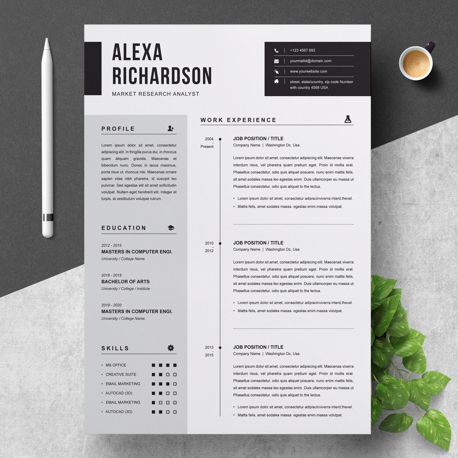 Two Pages Modern and Professional CV / Resume Template With Cover ...