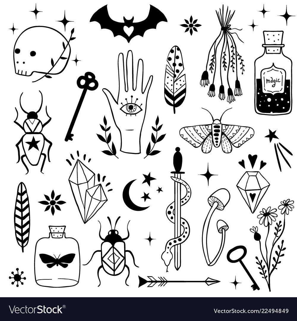 Vector witch magic design elements set. Hand drawn, doodle, sketch ...