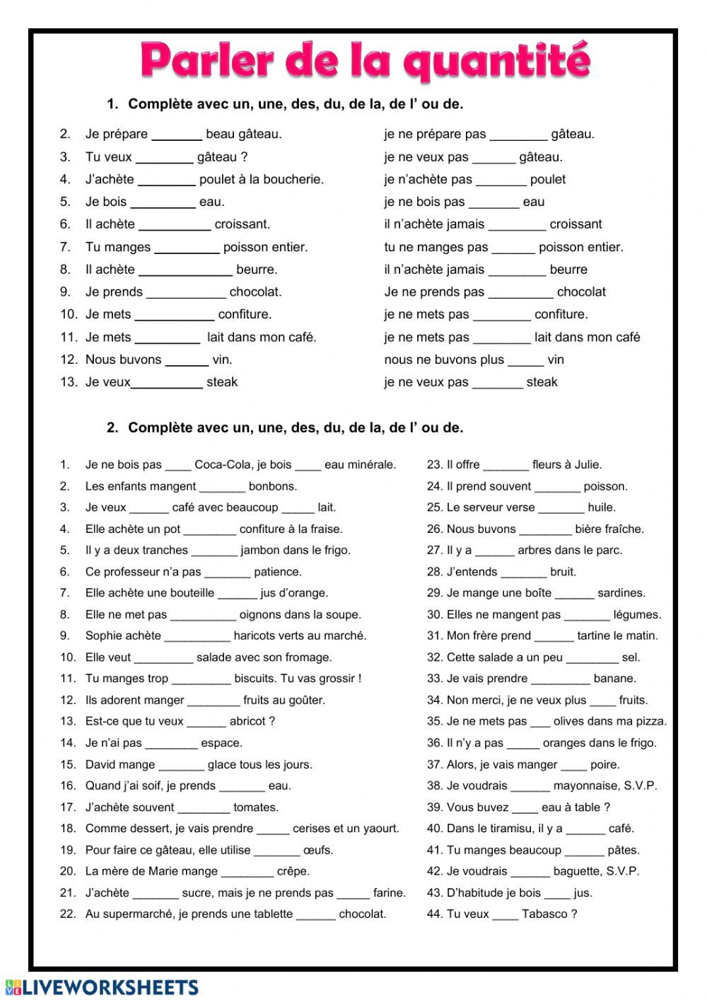 Articles partitifs online worksheet for 3º ESO. You can do the ...