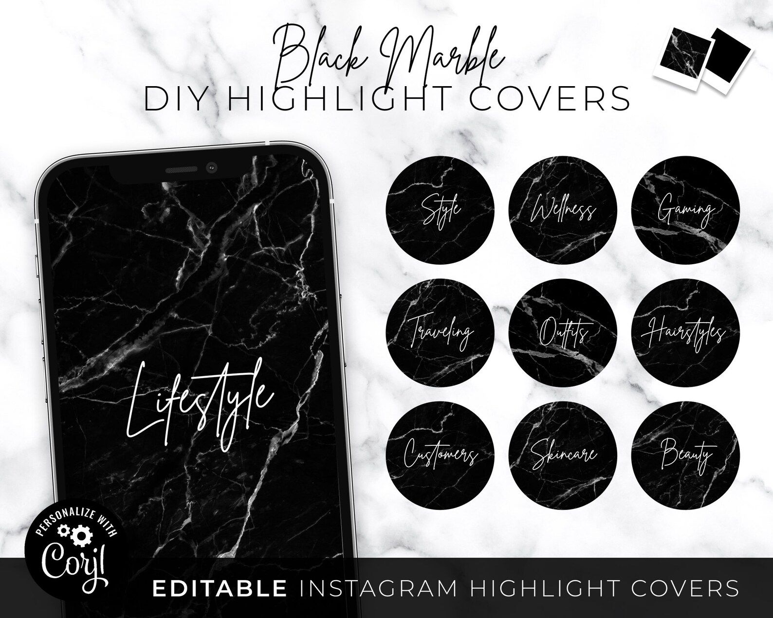 DIY Instagram Highlight Covers, Editable Neutral Black Marble White ...