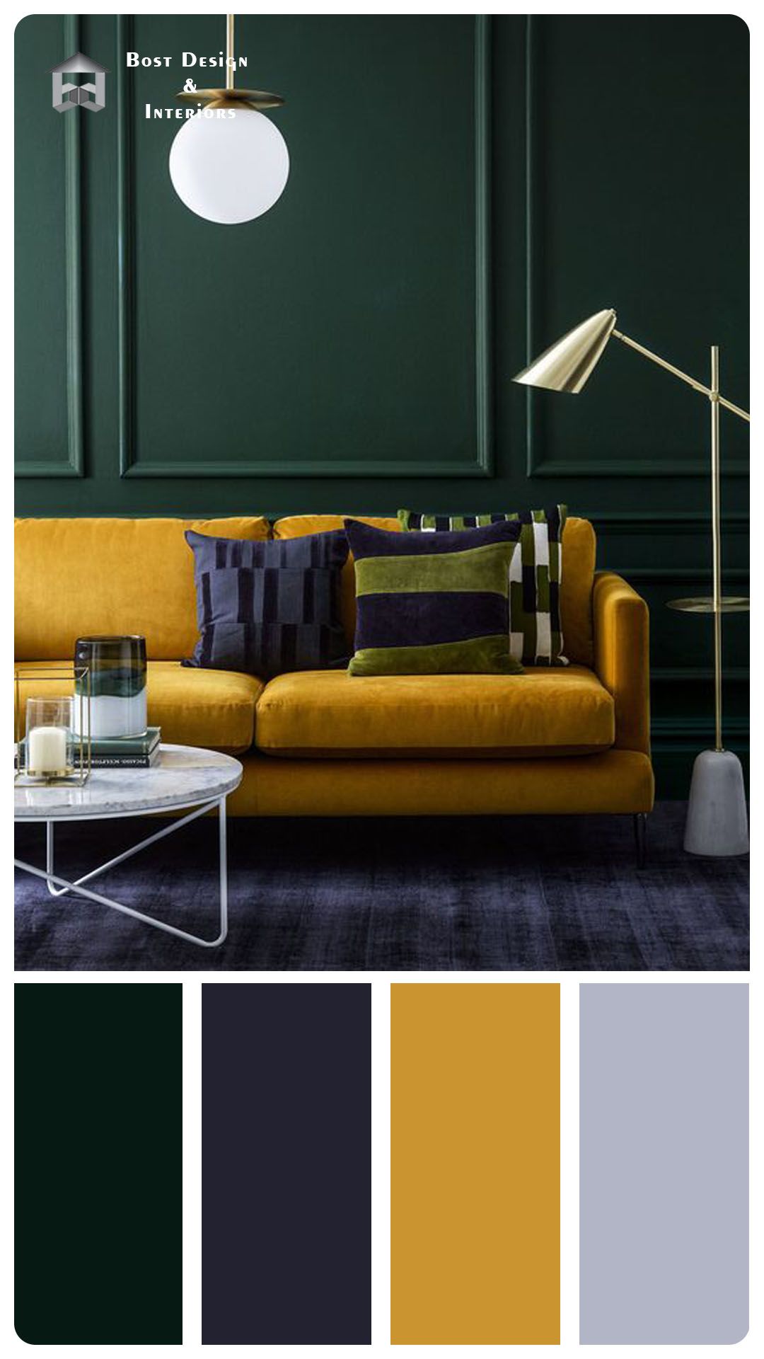 living room color scheme palette | Dark green living room, Living room ...