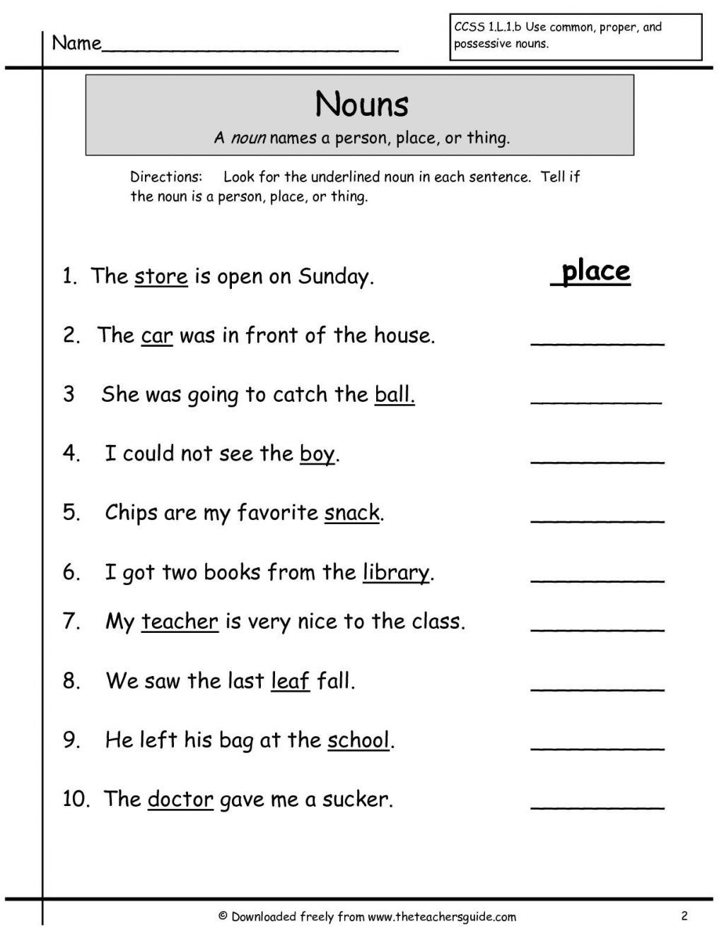 Recognizing Nouns Worksheet