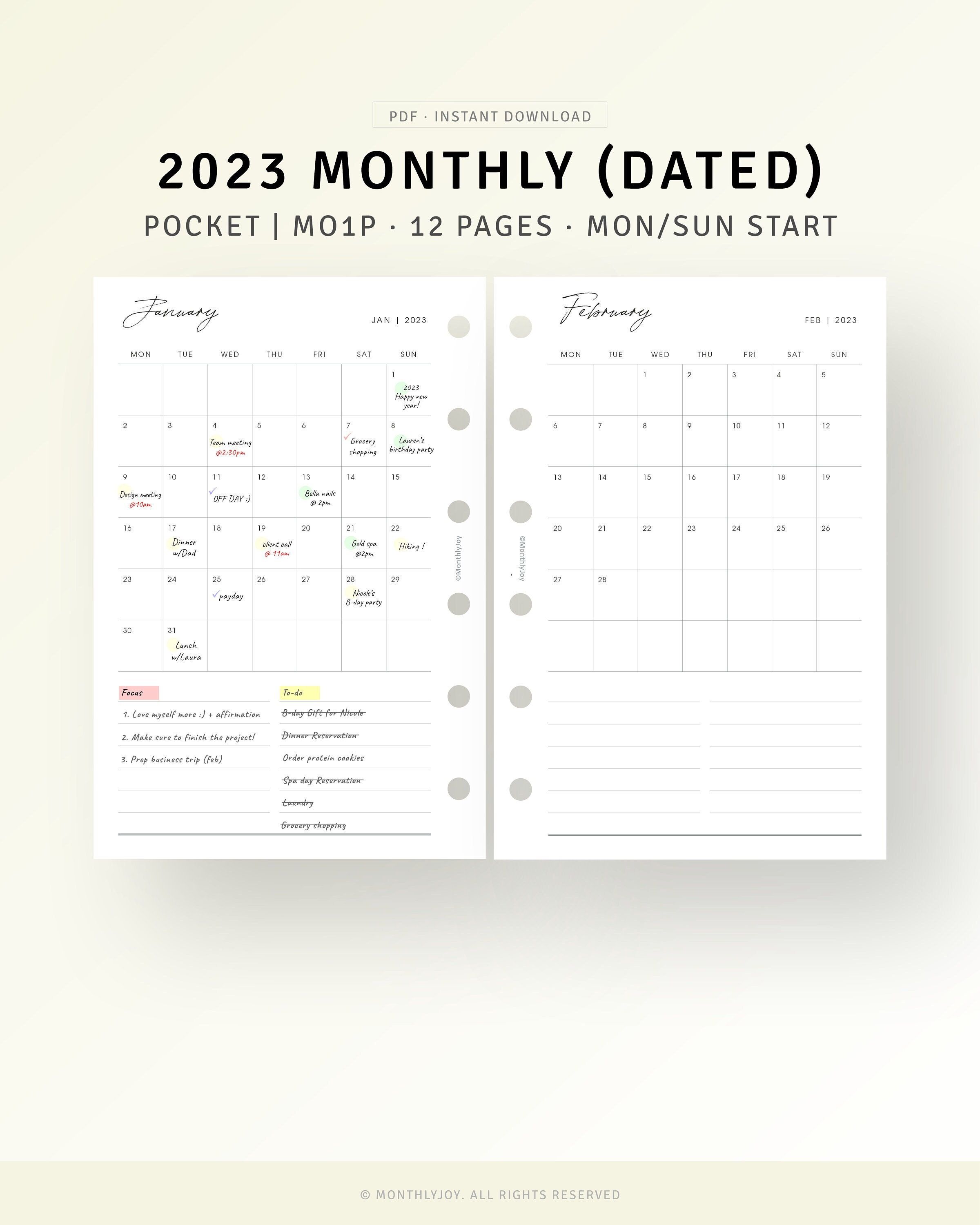 Monthly planner 2023 pocket planner printable dated monthly calendar ...