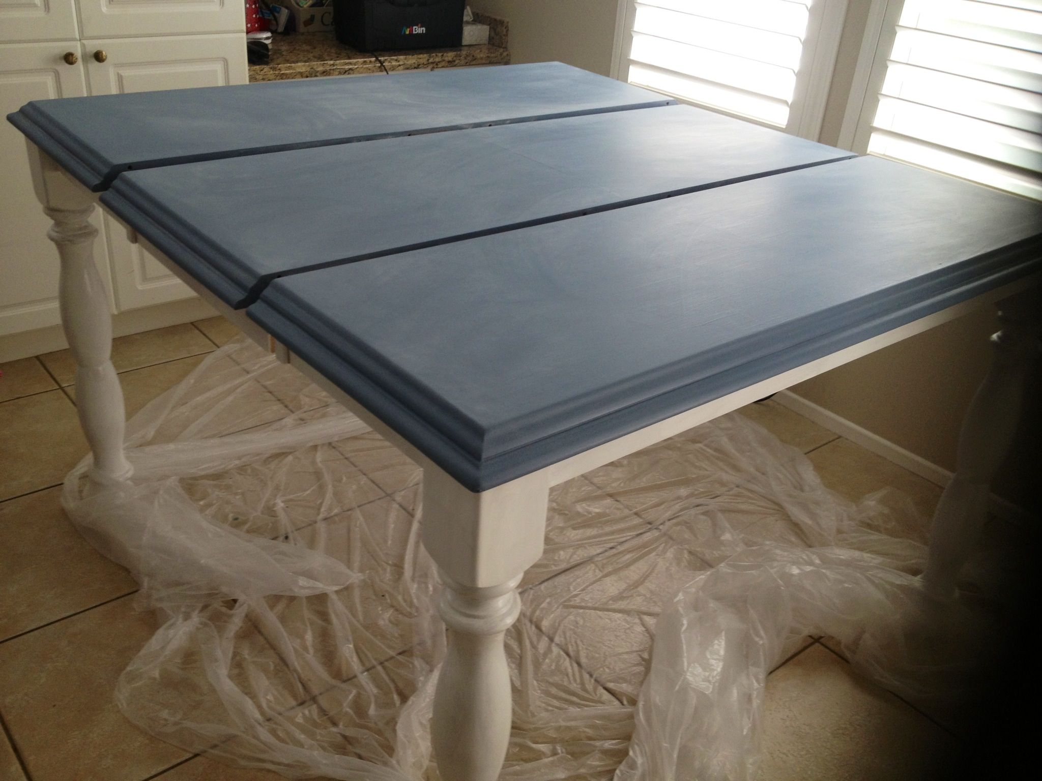 Denim Blue chalkboard kitchen table top with bright white legs. Kitchen table, Blue kitchen