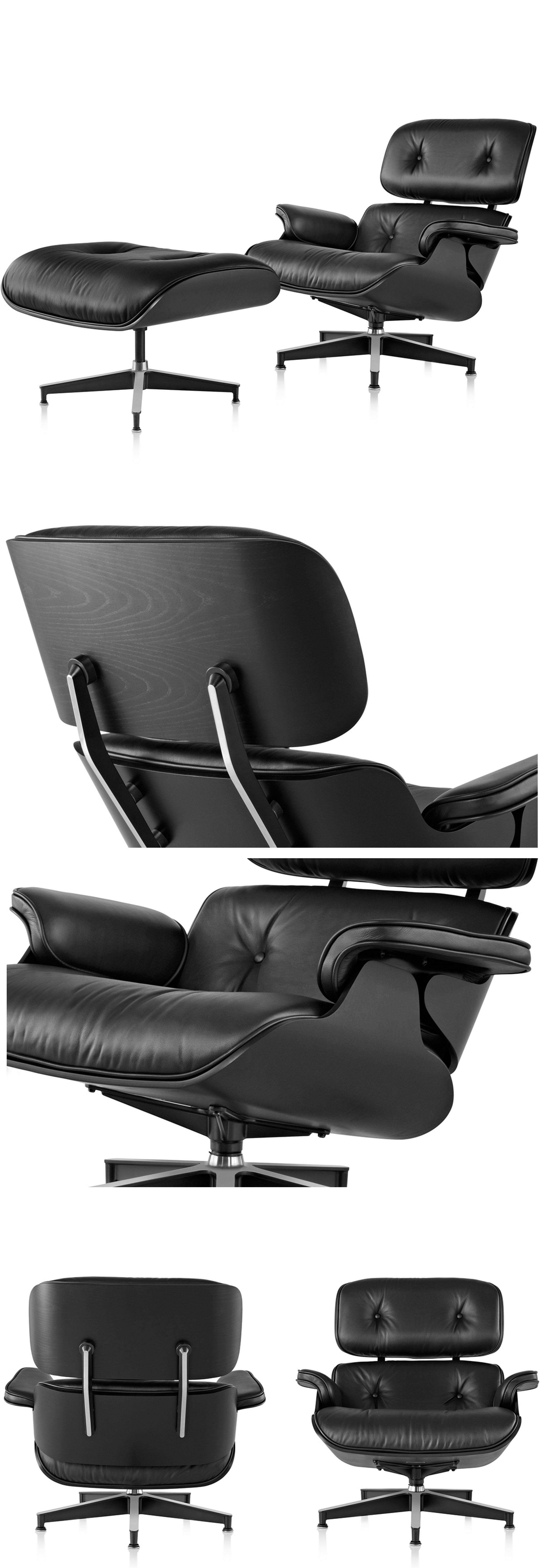 the eames lounge chair and ottoman is shown in black leather, with ...