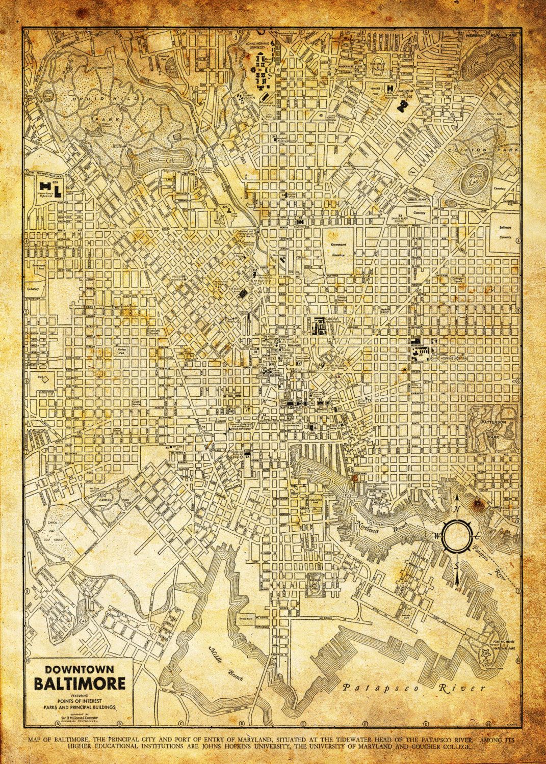 an old map of baltimore showing the city's roads and streets, as well ...