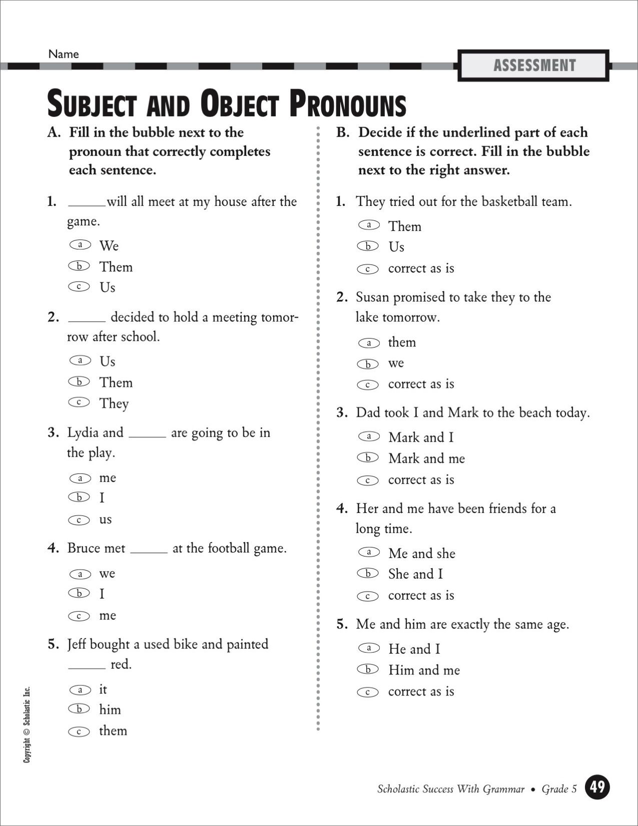 Subject and Object Pronouns (Grade 5)} - Printables | Pronoun ...