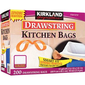 Kirkland Signature 13 Gallon Drawstring Kitchen Trash Bag, White, 200 ...