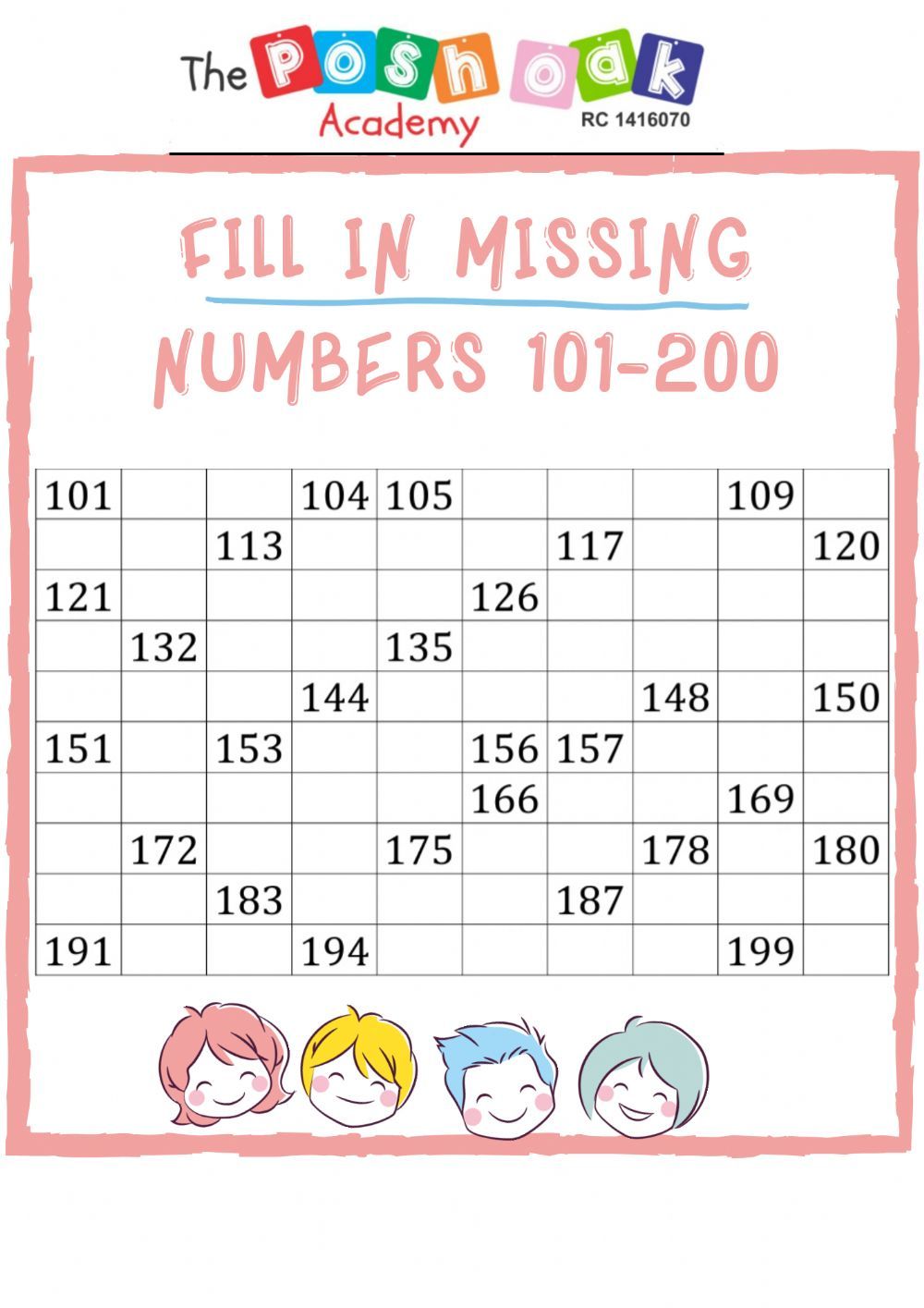 Fill in missing numbers 101-200 worksheet | Math addition worksheets ...