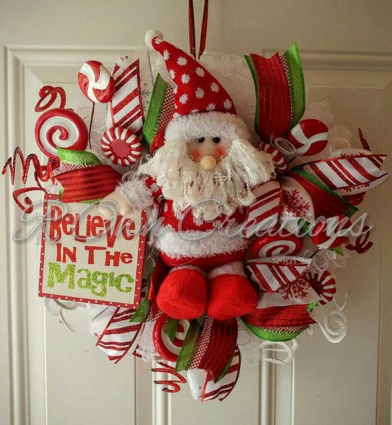 Deco Mesh Santa Wreath With LED Lights - Etsy | Santa wreath, Deco mesh ...