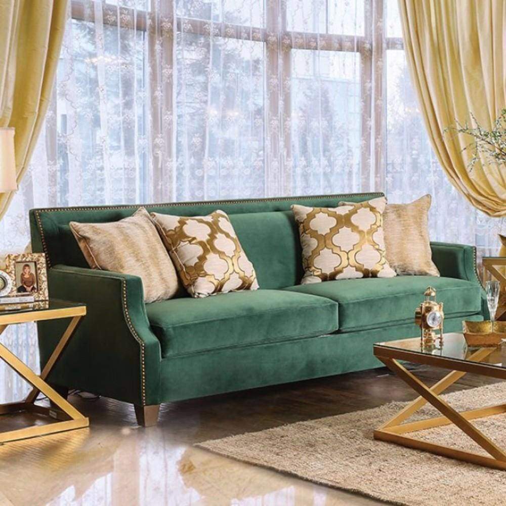 Verdante Sofa Set With Gold Tonned Pillows Green sofa living room