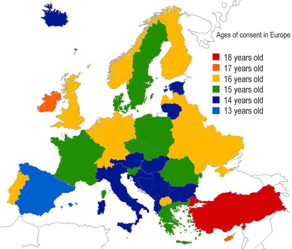 A map showing the age of consent across Europe. Europe map, European