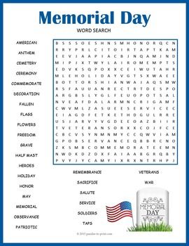 NO PREP MEMORIAL DAY Word Search Puzzle Worksheet Activity | Memorial ...