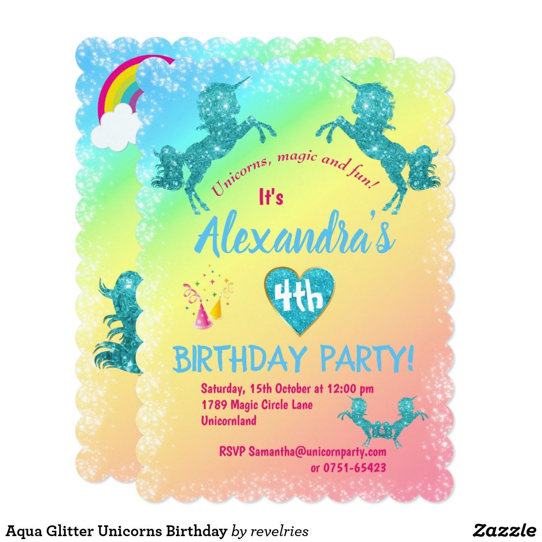 Aqua Glitter Unicorns Birthday Invitation | Zazzle | Unicorn birthday ...