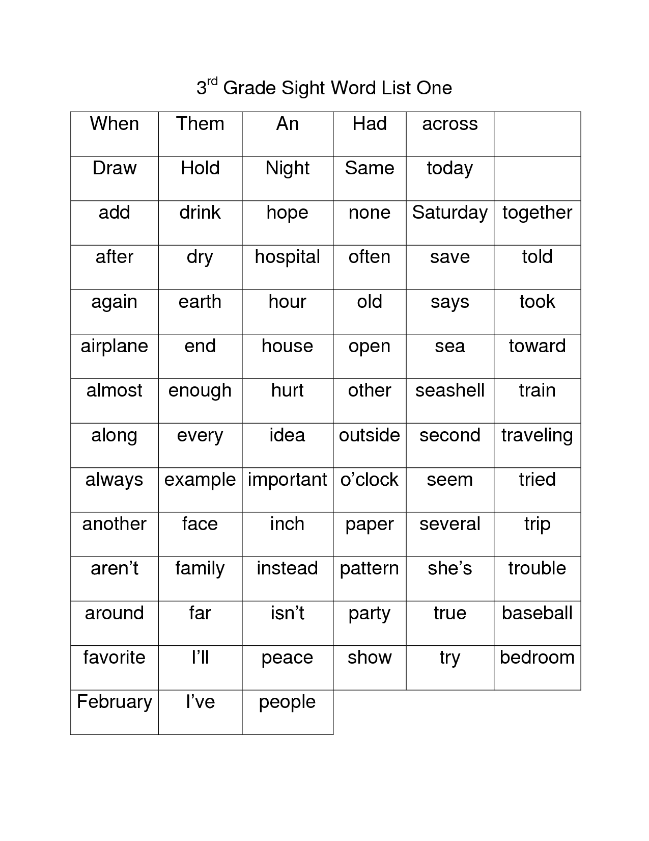 Vocabulary Words For 3rd Grade