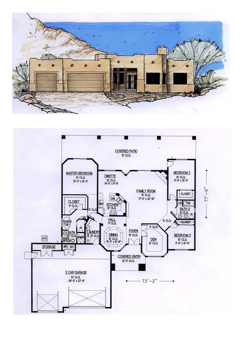 Southwest Style House Plan 54682 with 3 Bed, 2 Bath, 3 Car Garage