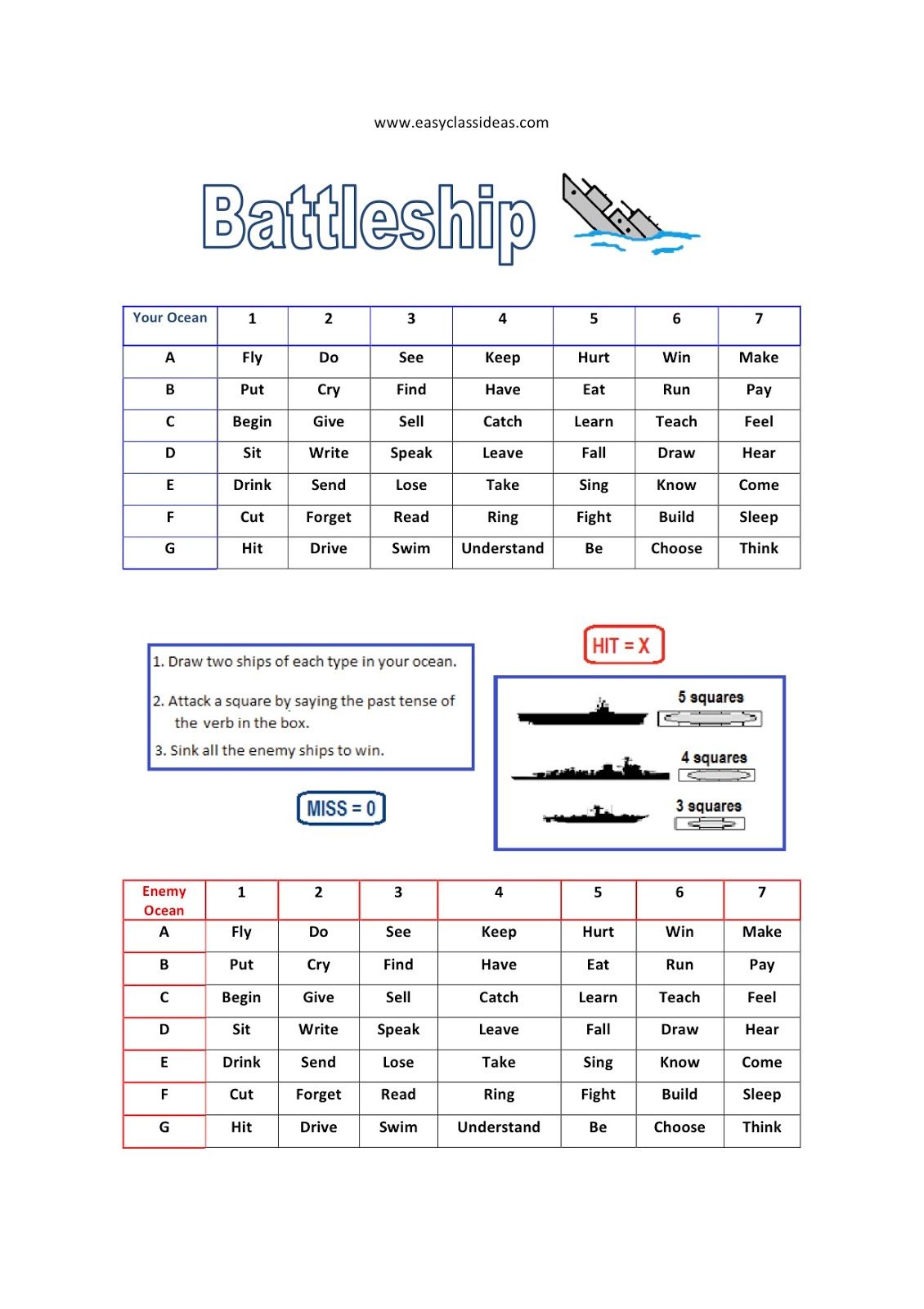 Past Irregular Verb Game: Battleship | Verb games, Irregular verbs ... image.