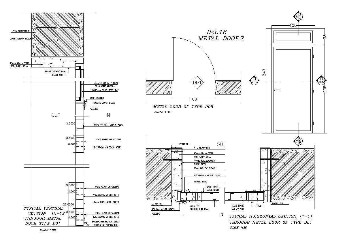 Door and window detail with elevation and section view of collage dwg ...