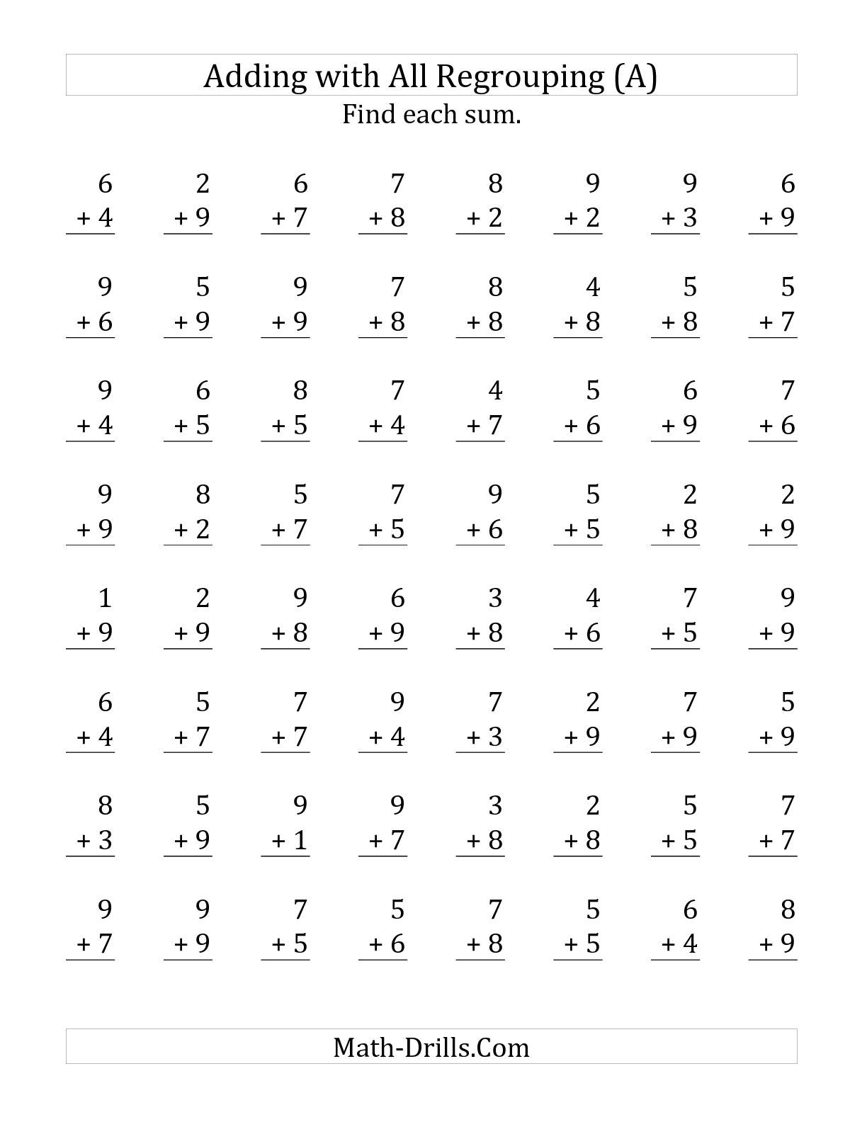 The 64 Single-Digit Addition Questions All with Regrouping (A) math ...