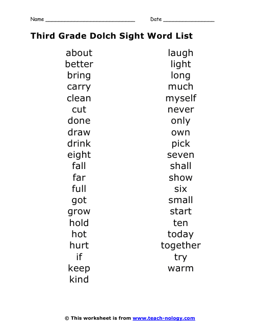 Third Grade Dolch Sight Word List | Dolch sight words, Third grade ...