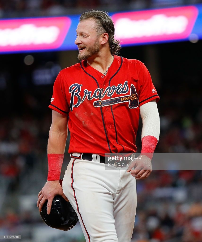 News Photo : Josh Donaldson of the Atlanta Braves reacts as he ...