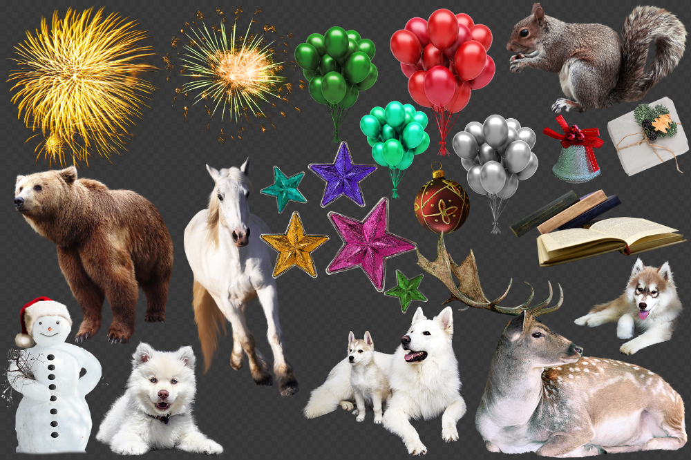 there are many different pictures of animals and fireworks in the sky ...