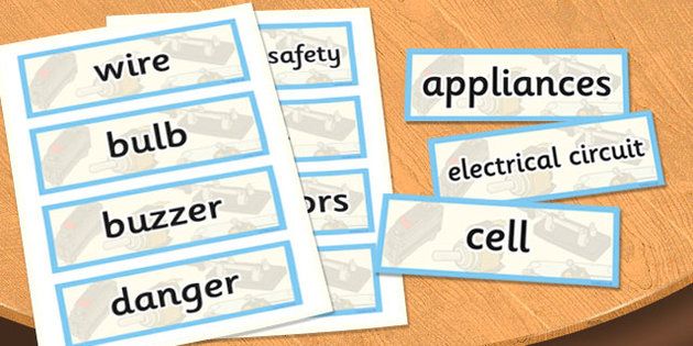 four cards with words that spell out electrical circuit and wires on ...