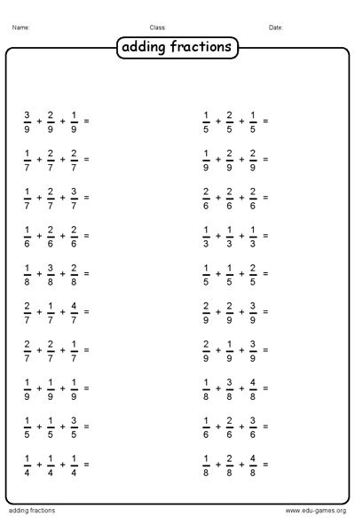 Free adding 3 fraction worksheets. Each sum exist of 3 fractions. The ...