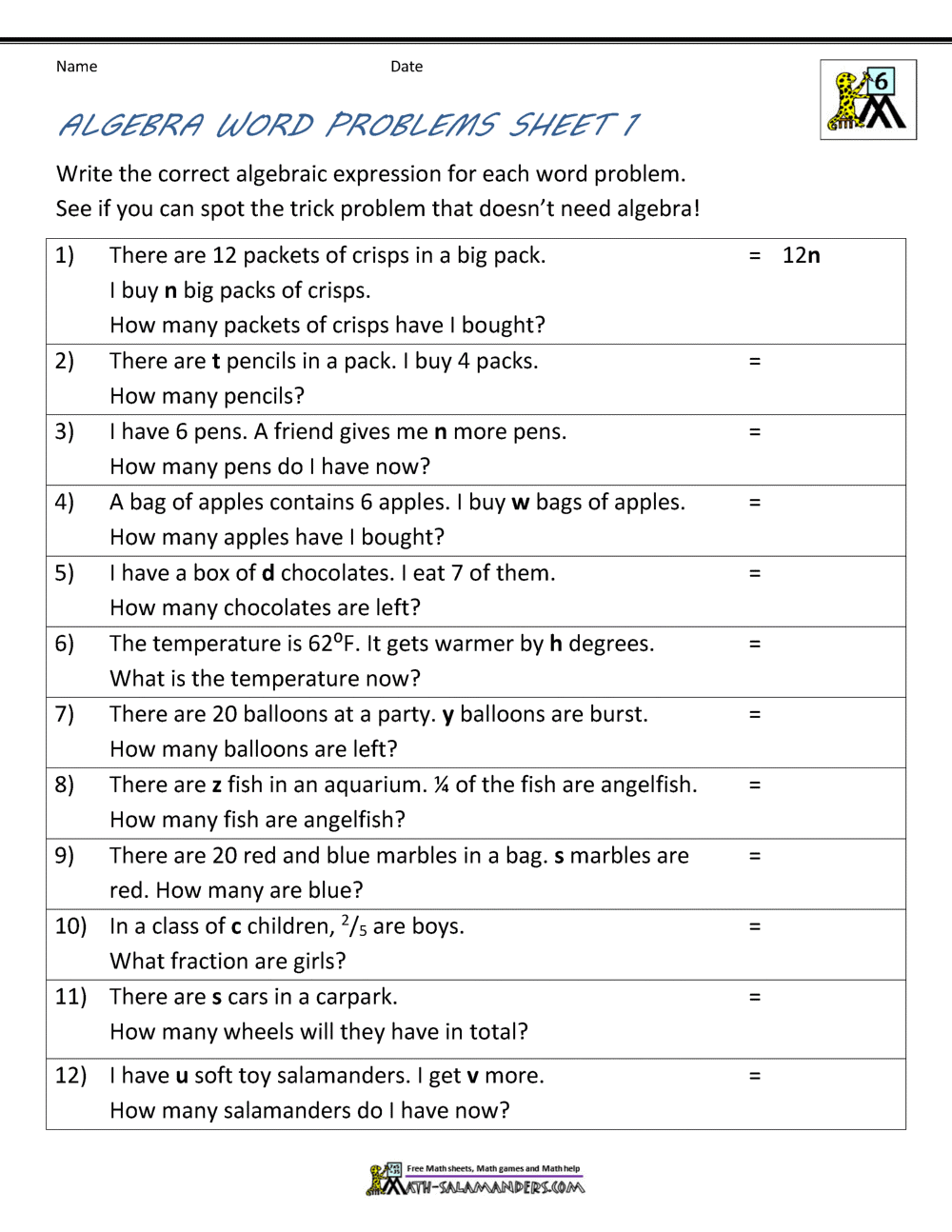 Basic Algebra Worksheets in 2020 | Basic algebra worksheets, Word ...