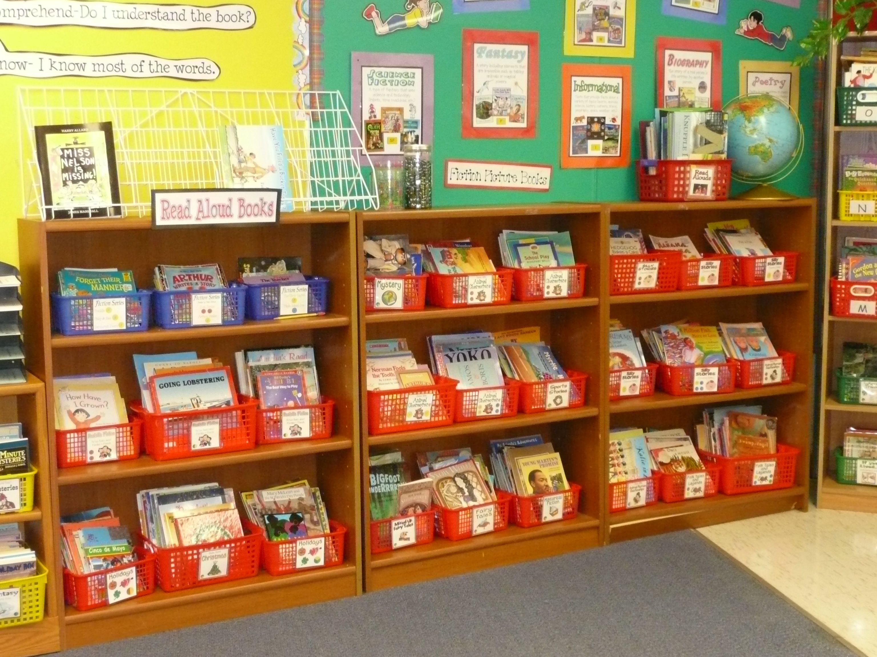 These genre baskets keep books organized and the read aloud book ...