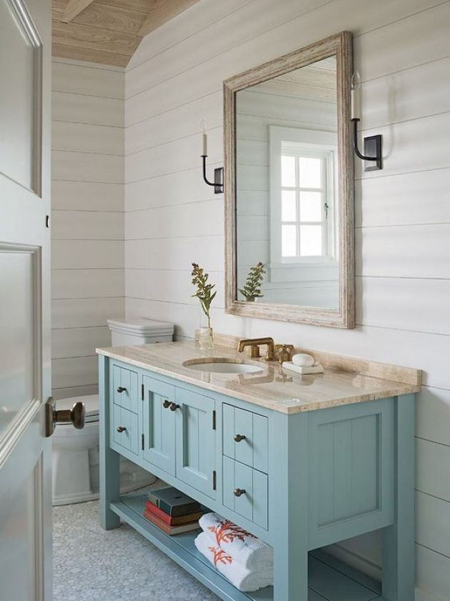 CoastalInspired Bathroom With A Light Blue Vanity Beach bathroom