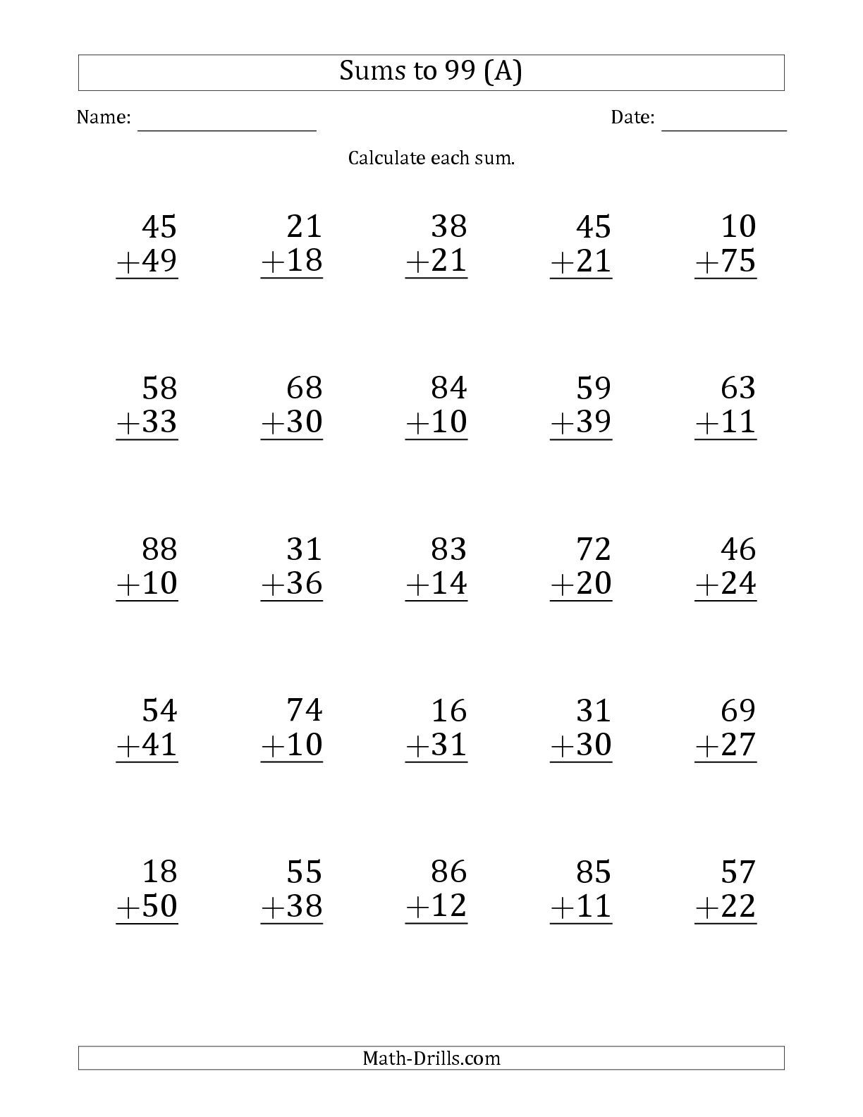 Adding 2 Digit Numbers Without Regrouping Worksheets