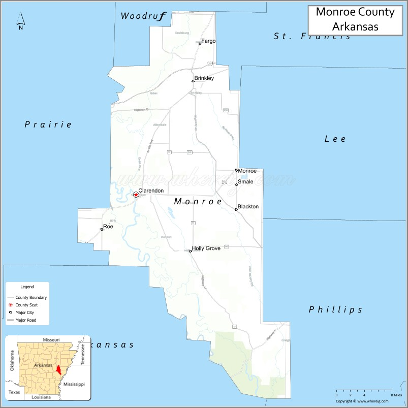 Map of Monroe County, Arkansas showing cities, highways & important ...