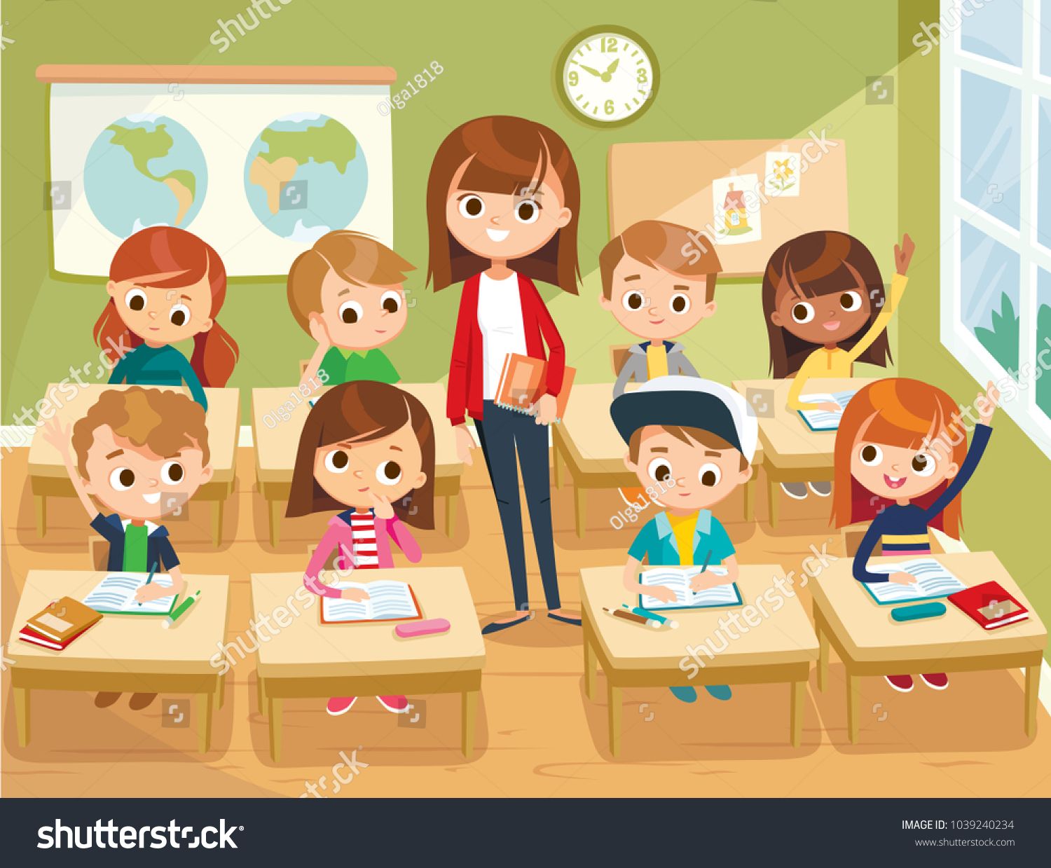 Illustration with kids and teacher in a classroom. Education ...