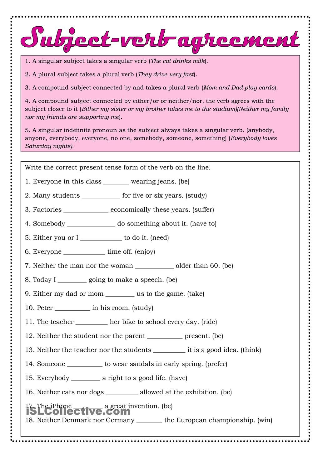 Subject-verb Agreement Worksheet