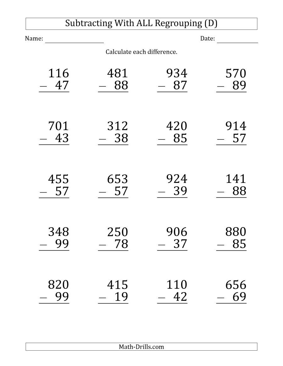 Free Double Digit Subtraction Worksheets