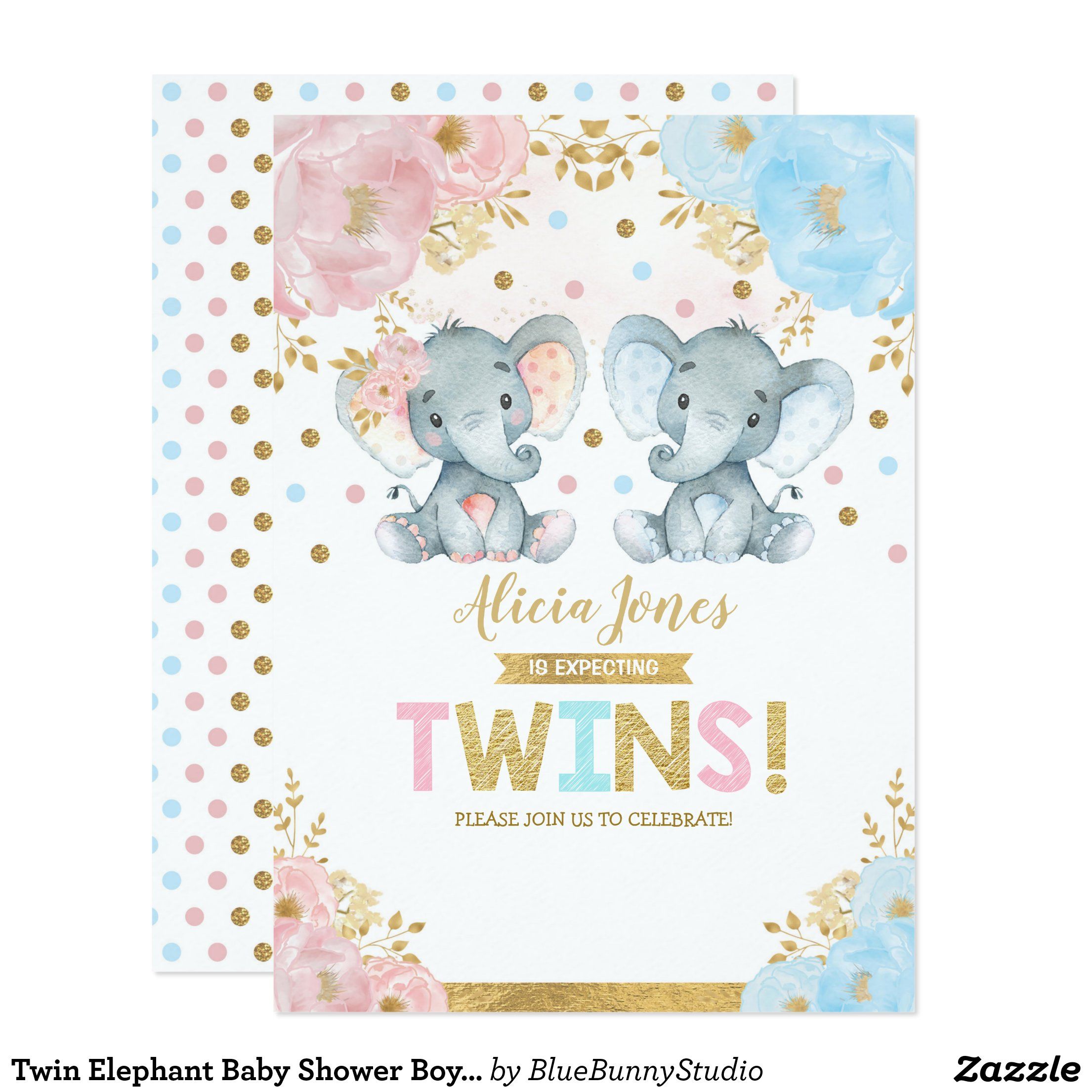 Twin Elephant Baby Shower Boy & Girl Twins Invitation | Zazzle.com ...