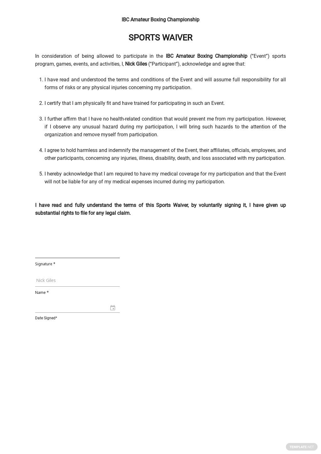 Printable Generic Sports Waiver Form